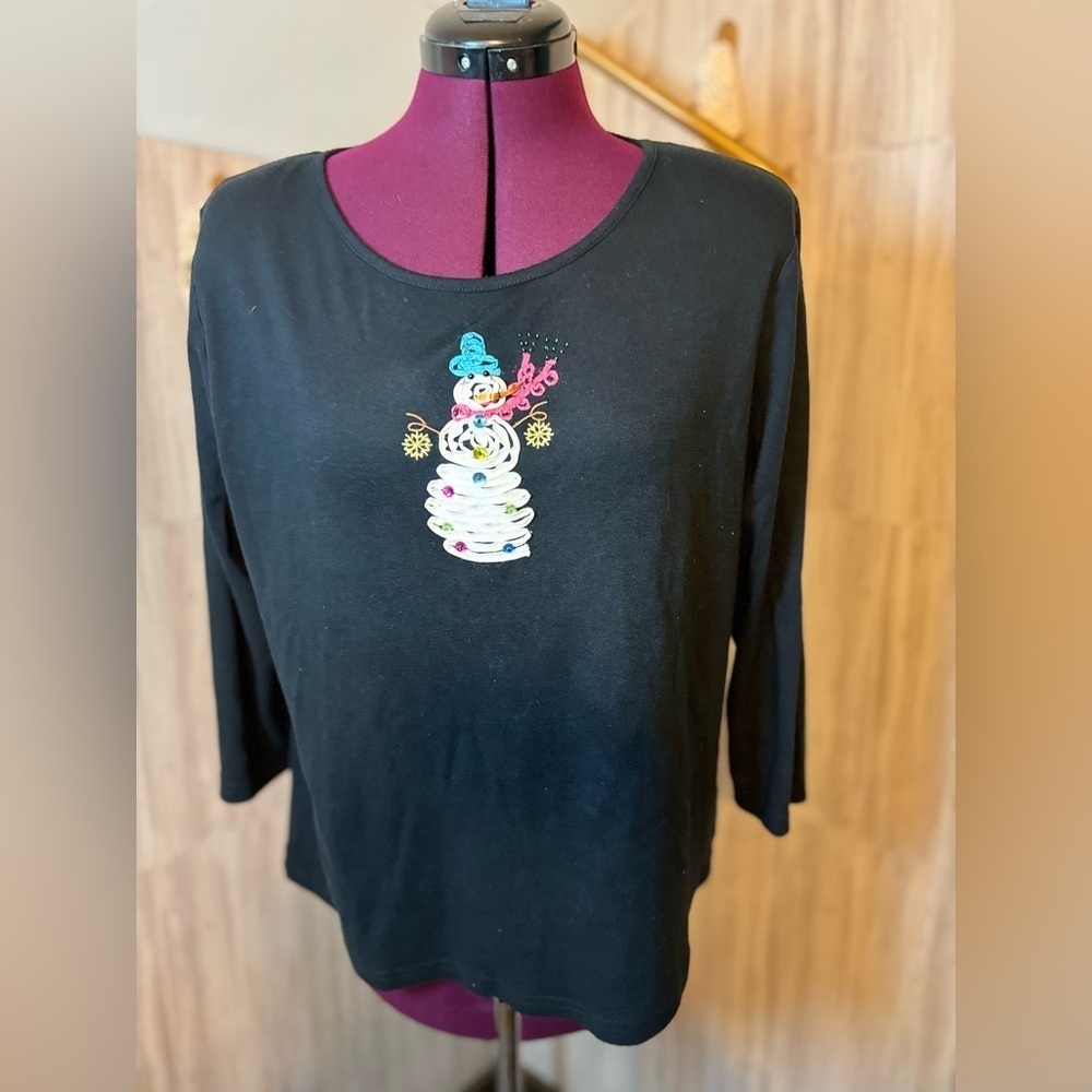 Classic Elements Black Top with Snowman Embroidery